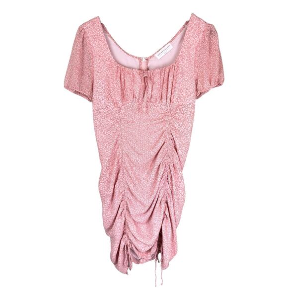 Native Daughters Red Pink Micro Floral Print Babydoll Ruched Dainty Mini Dress - Picture 7 of 10